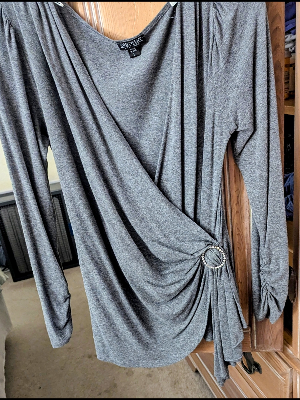 One West New York Heather Gray Long Sleeve Wrap Top with Rhinestone Ring